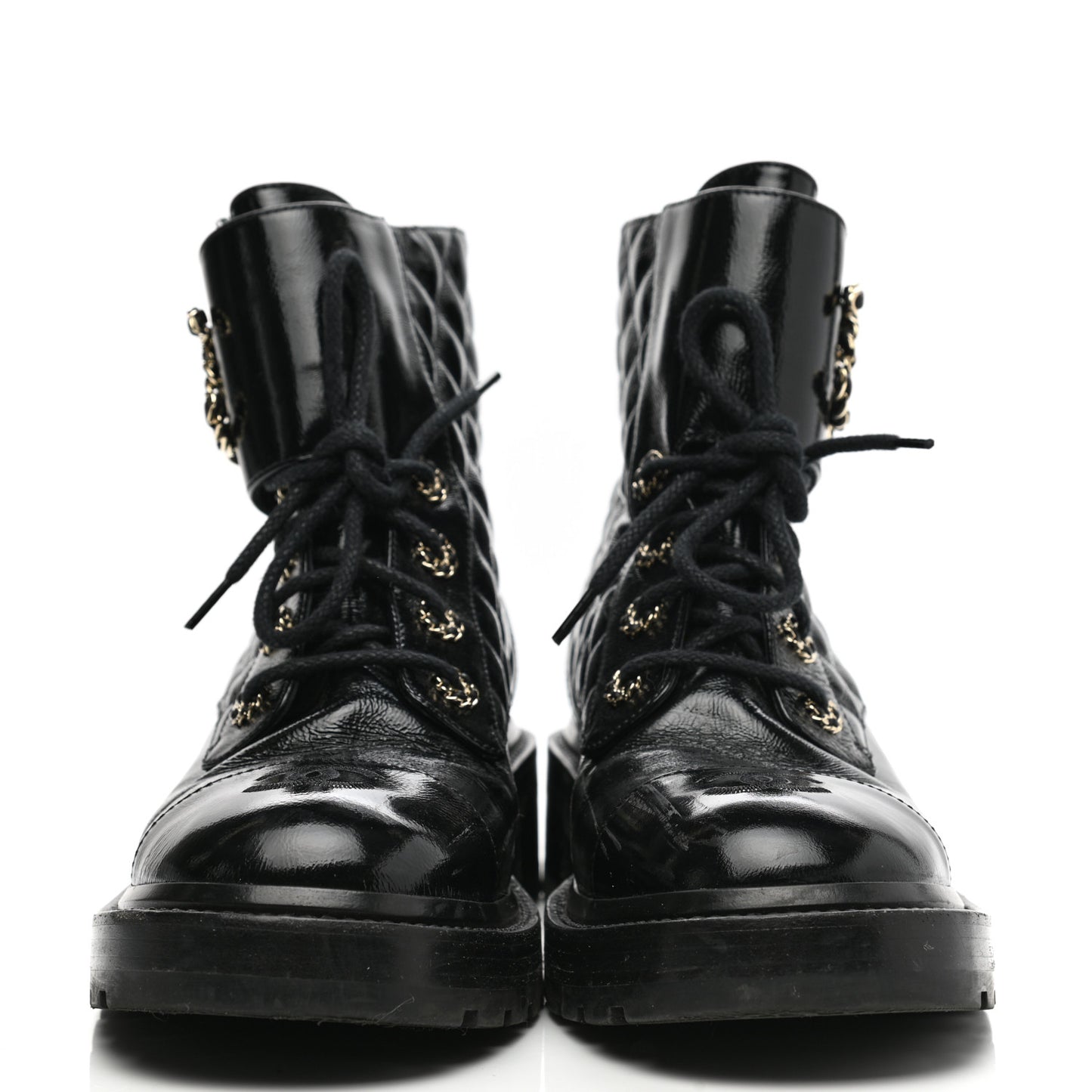 Shiny Calfskin Quilted Lace Up Combat Boots 40.5 Black