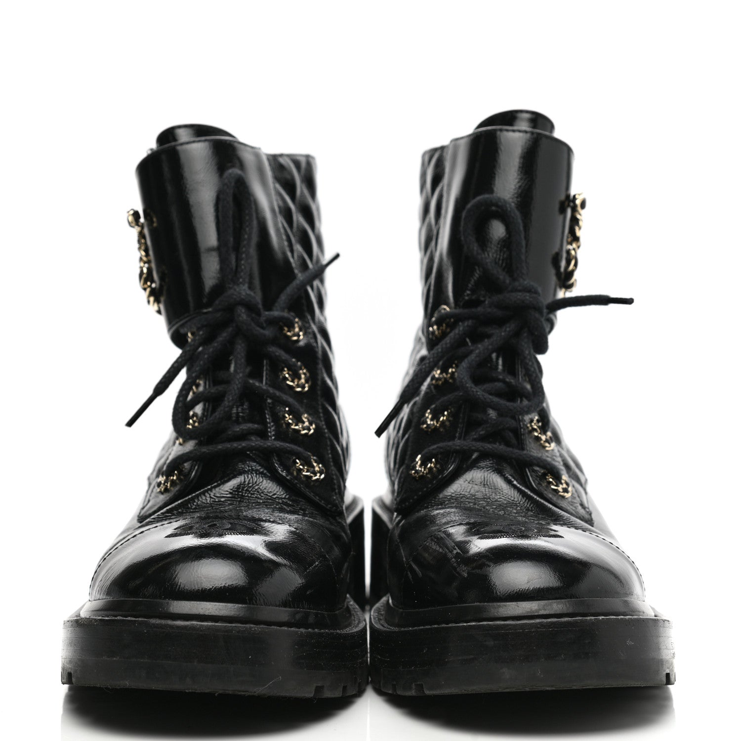 Chanel Shiny Calfskin Quilted Lace Up Combat Boots 40.5 Black 2 of 9