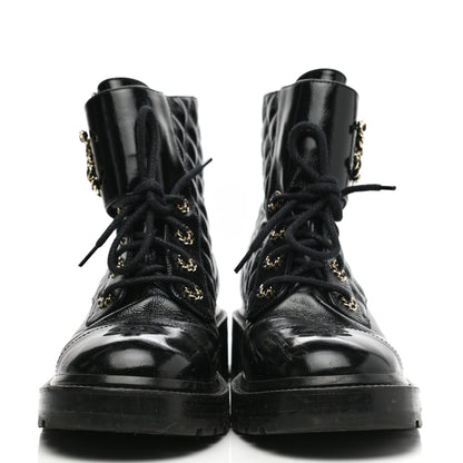 Chanel Shiny Calfskin Quilted Lace Up Combat Boots 40.5 Black 2 of 9