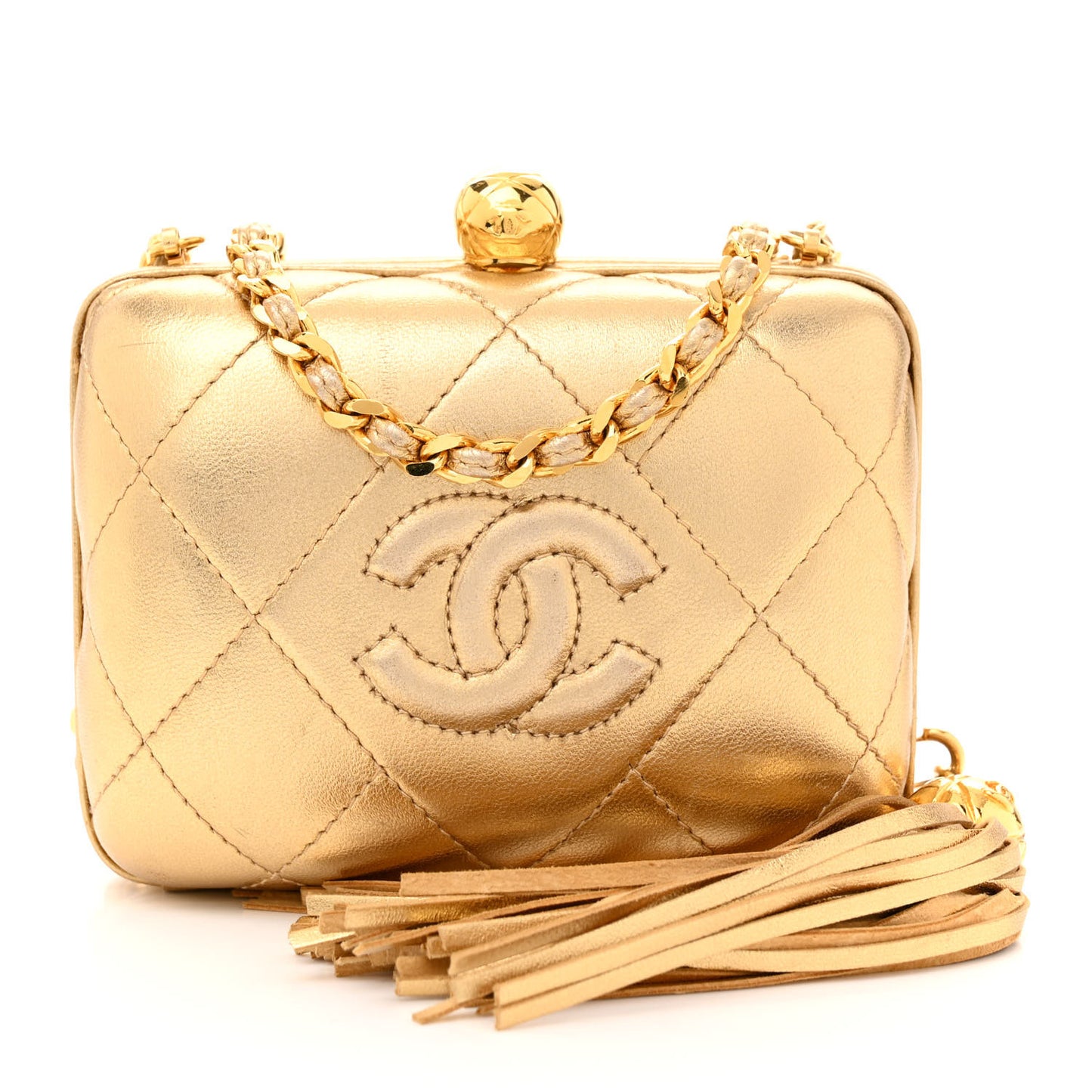 Metallic Lambskin Quilted CC Kiss Lock Evening Clutch Gold