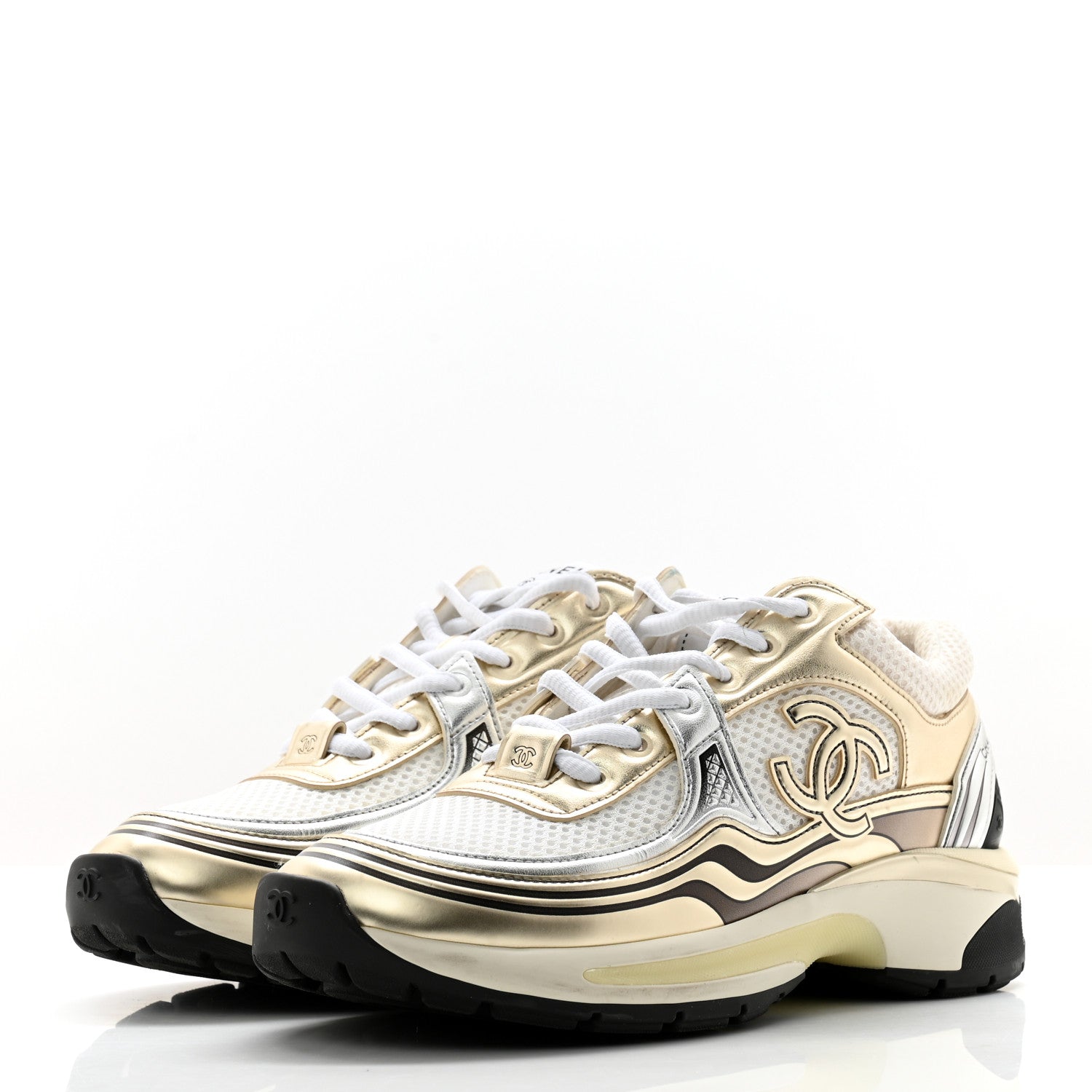 Chanel Fabric Laminated Calfskin Stretch CC Sneakers 36.5 White Gold Silver 3 of 14