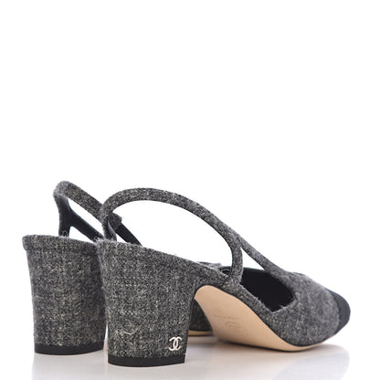 Chanel Tweed Grosgrain Cap Toe CC Slingback Pumps 37 Black Dark Grey 4 of 9