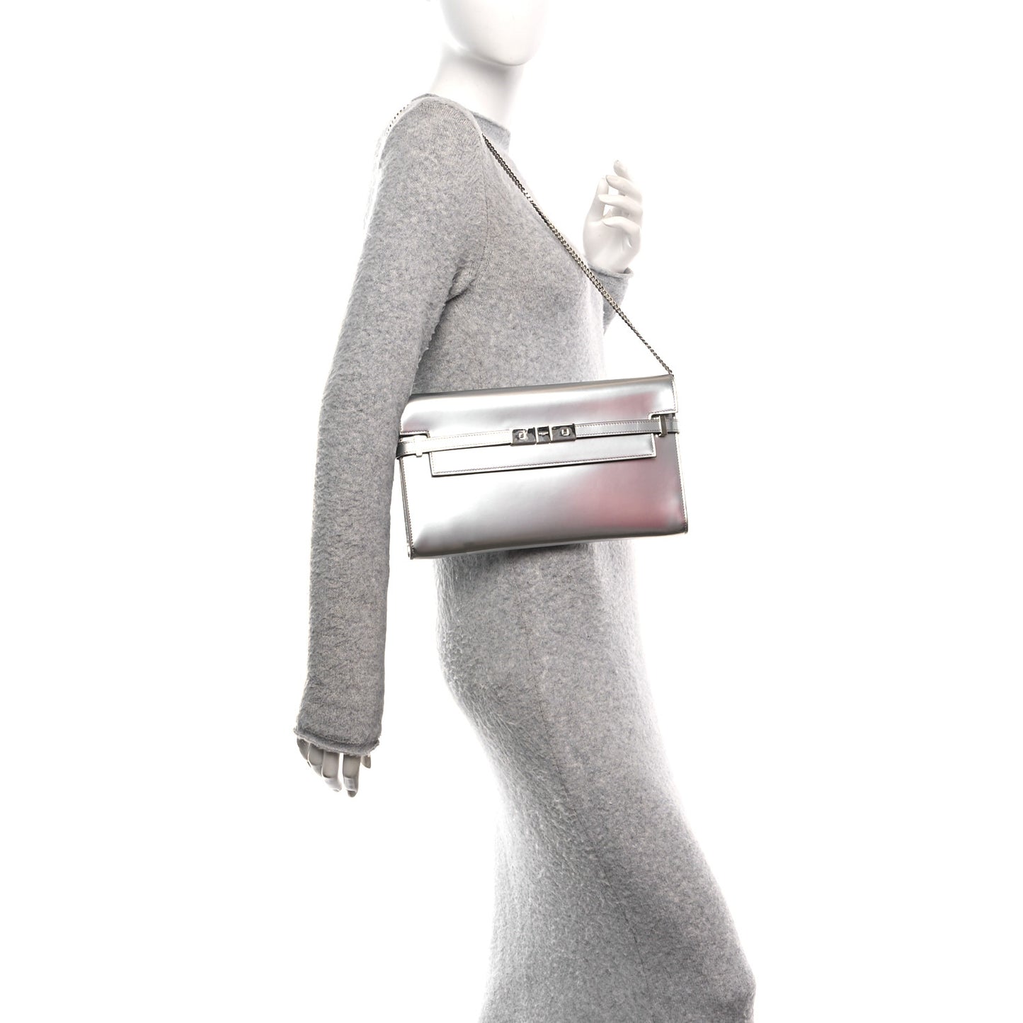 Metallic Calfskin Manhattan Chain Clutch Metal Argento