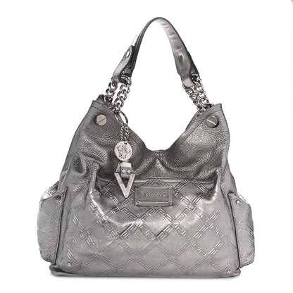 Versace Metallic Calfskin Front Pocket Shoulder Bag Silver 1 of 8