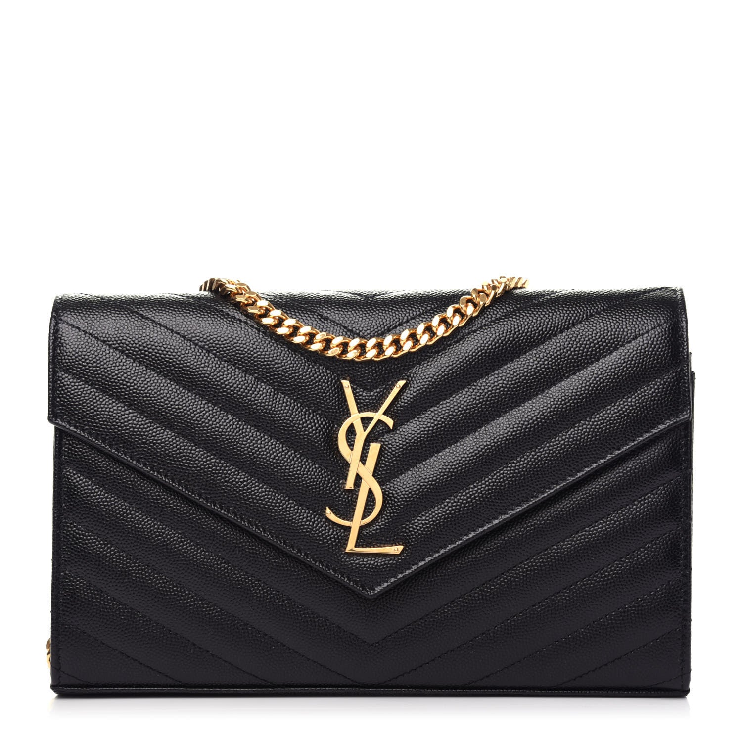 Saint Laurent Grain De Poudre Matelasse Chevron Monogram Chain Wallet Black 1 of 8