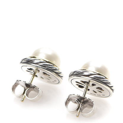 David Yurman Sterling Silver 18K Yellow Gold Pearl 10mm Cable Earrings 3 of 4