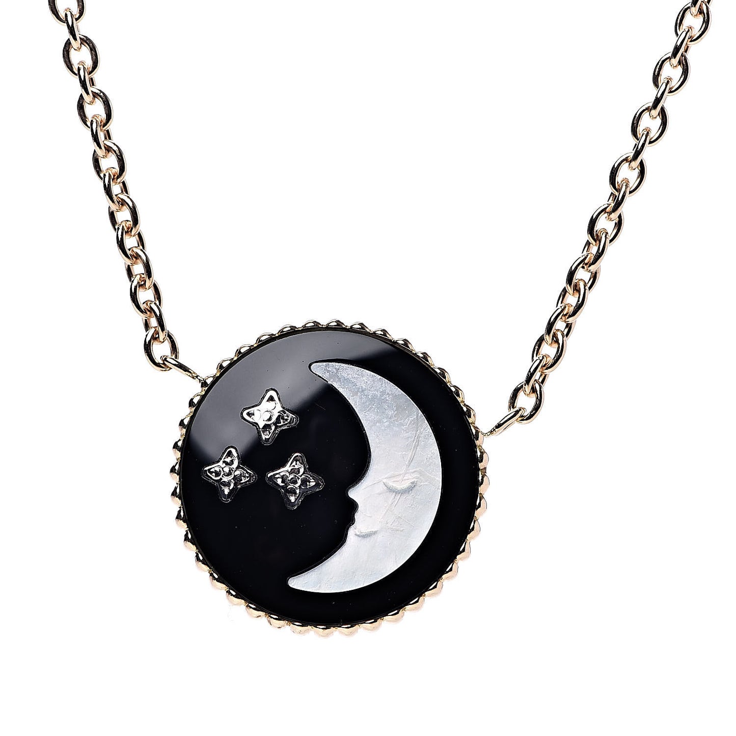 18K Yellow White Gold Black Onyx Mother of Pearl Diamond Rose Celeste Pendant Necklace