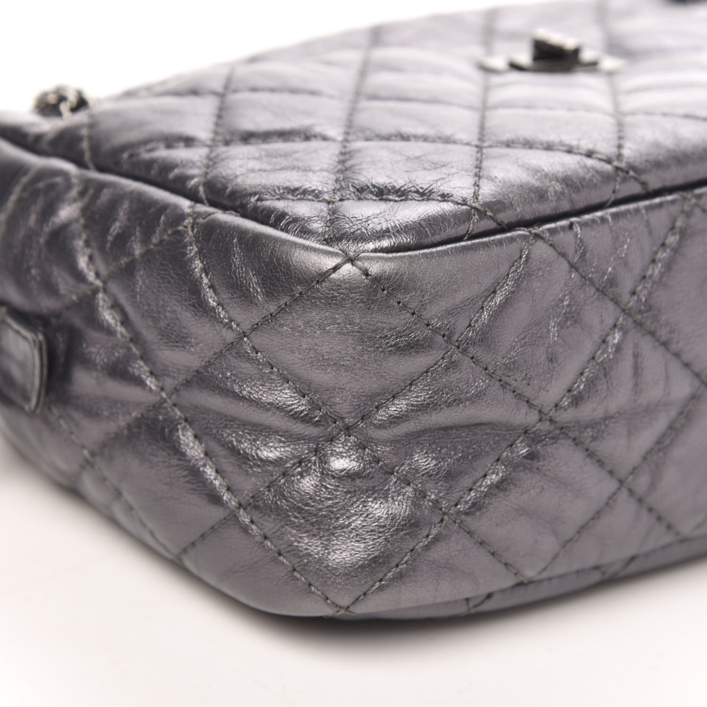 Metallic Aged Calfskin Quilted Medium Reissue Camera Case Dark Silver