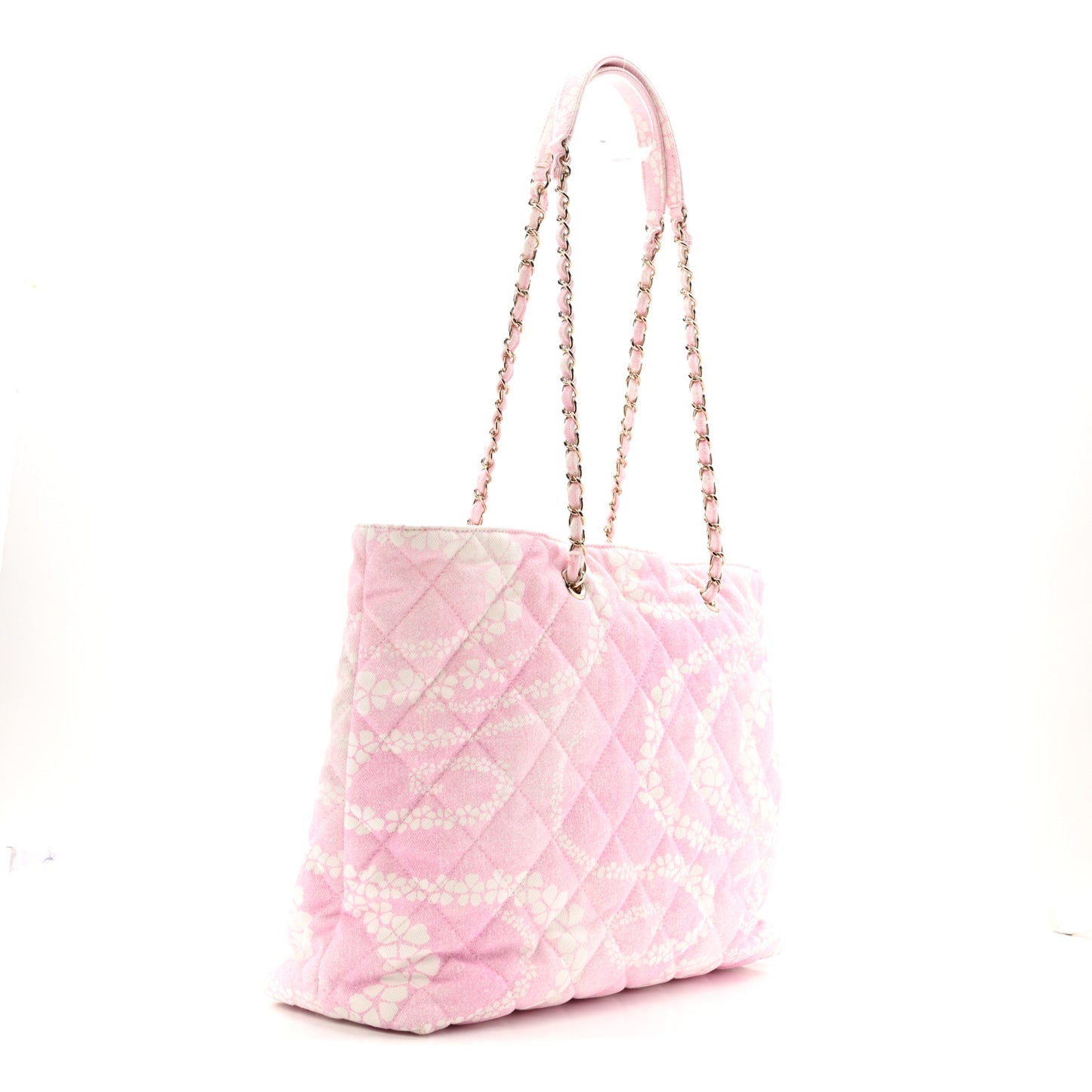 Printed Denim Quilted Coco Beach Shopping Tote Pink White