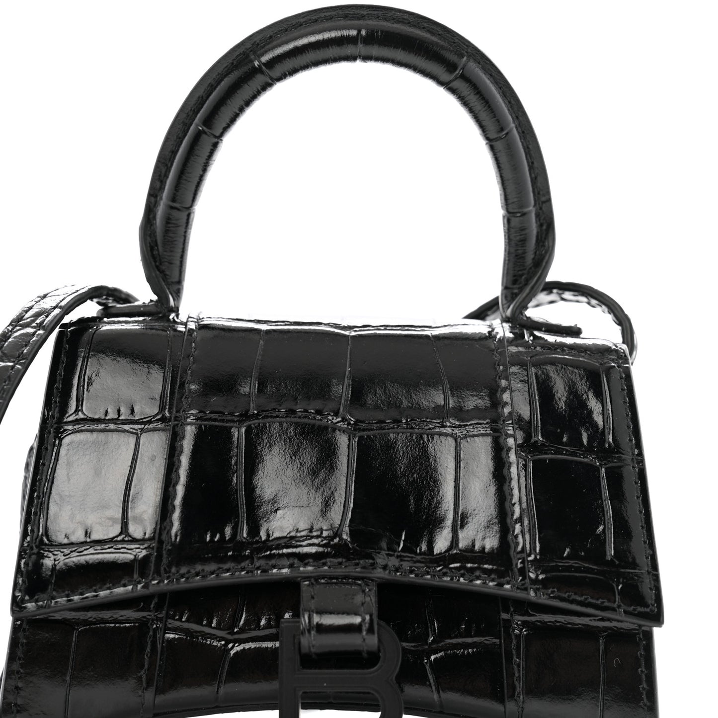 Shiny Calfskin Monochrome Crocodile Embossed Hourglass Top Handle Bag Mini Black