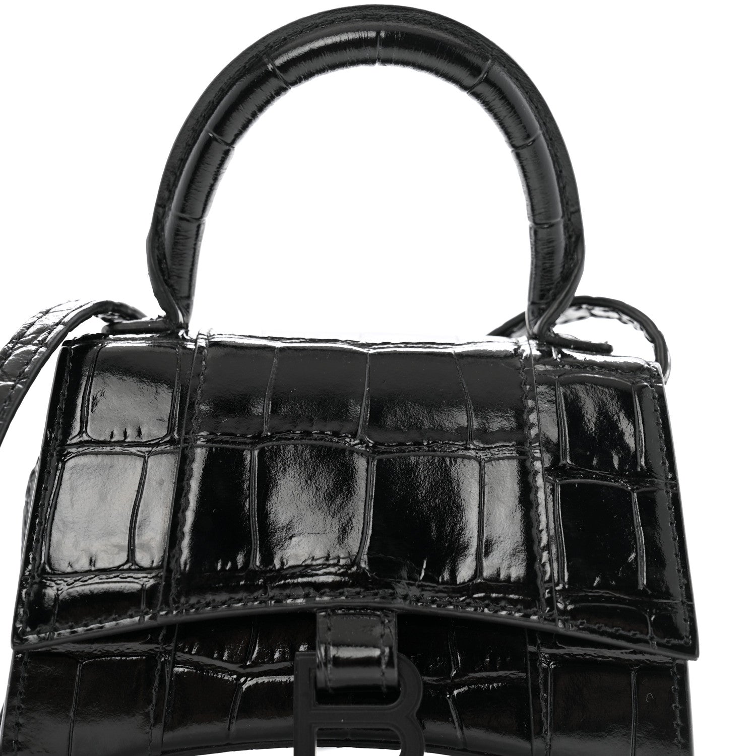 Balenciaga Shiny Calfskin Monochrome Crocodile Embossed Hourglass Top Handle Bag Mini Black 8 of 10