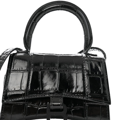 Balenciaga Shiny Calfskin Monochrome Crocodile Embossed Hourglass Top Handle Bag Mini Black 8 of 10
