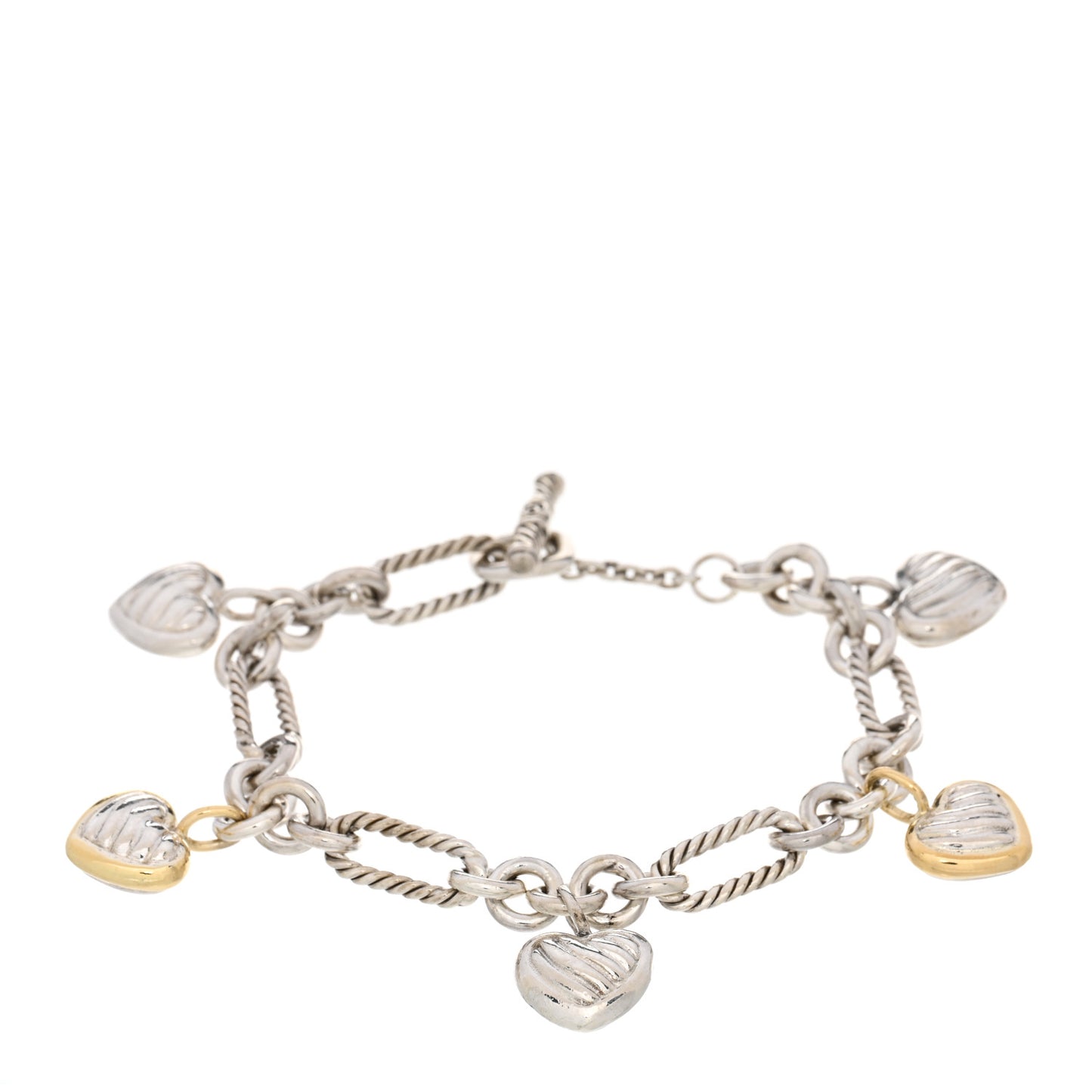 Sterling Silver 18K Yellow Gold Cable Heart 5 Charm Bracelet
