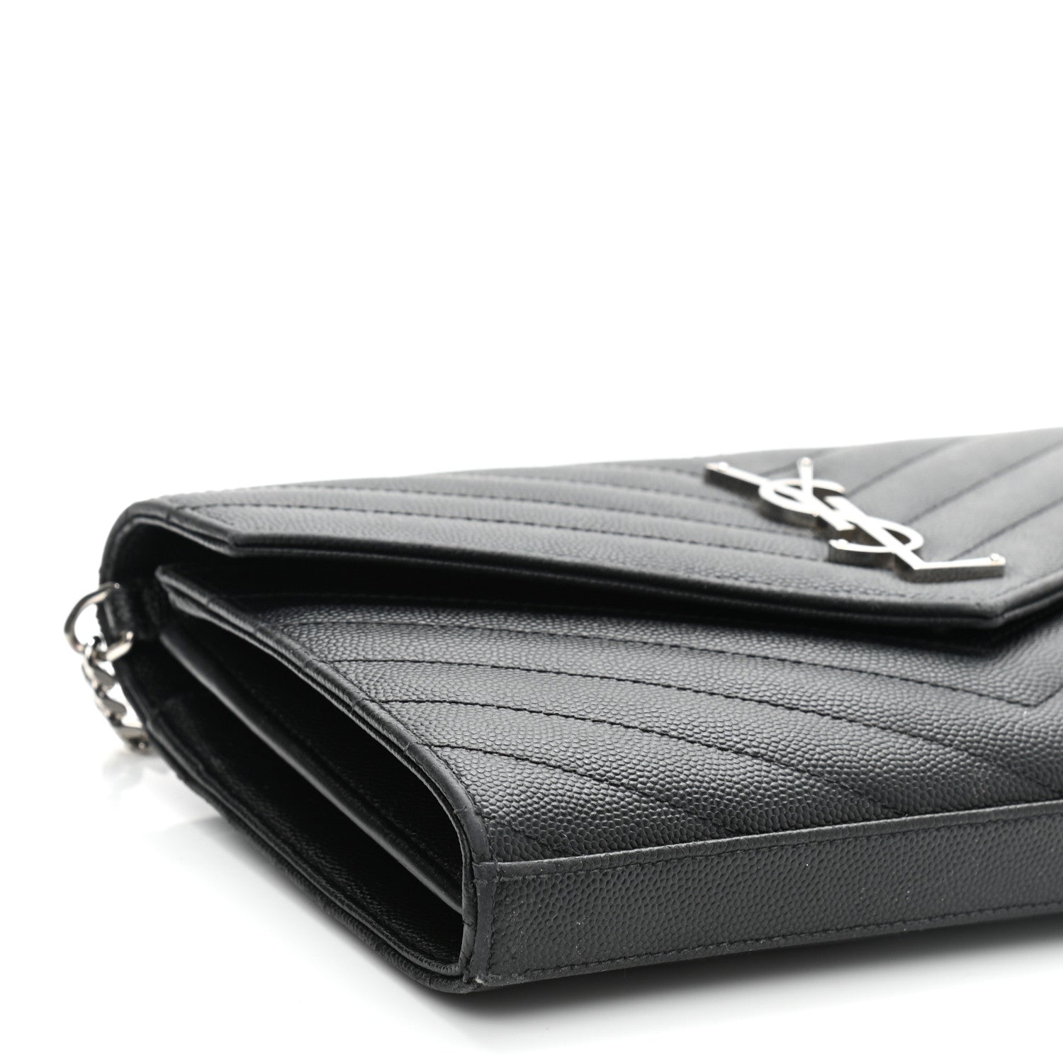 Saint Laurent Grain De Poudre Matelasse Chevron Monogram Chain Wallet Black 9 of 13
