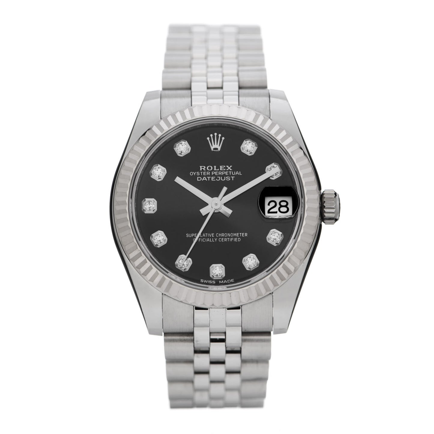 Stainless Steel 18K White Gold Diamond 31mm Oyster Perpetual Datejust Watch Black 178274