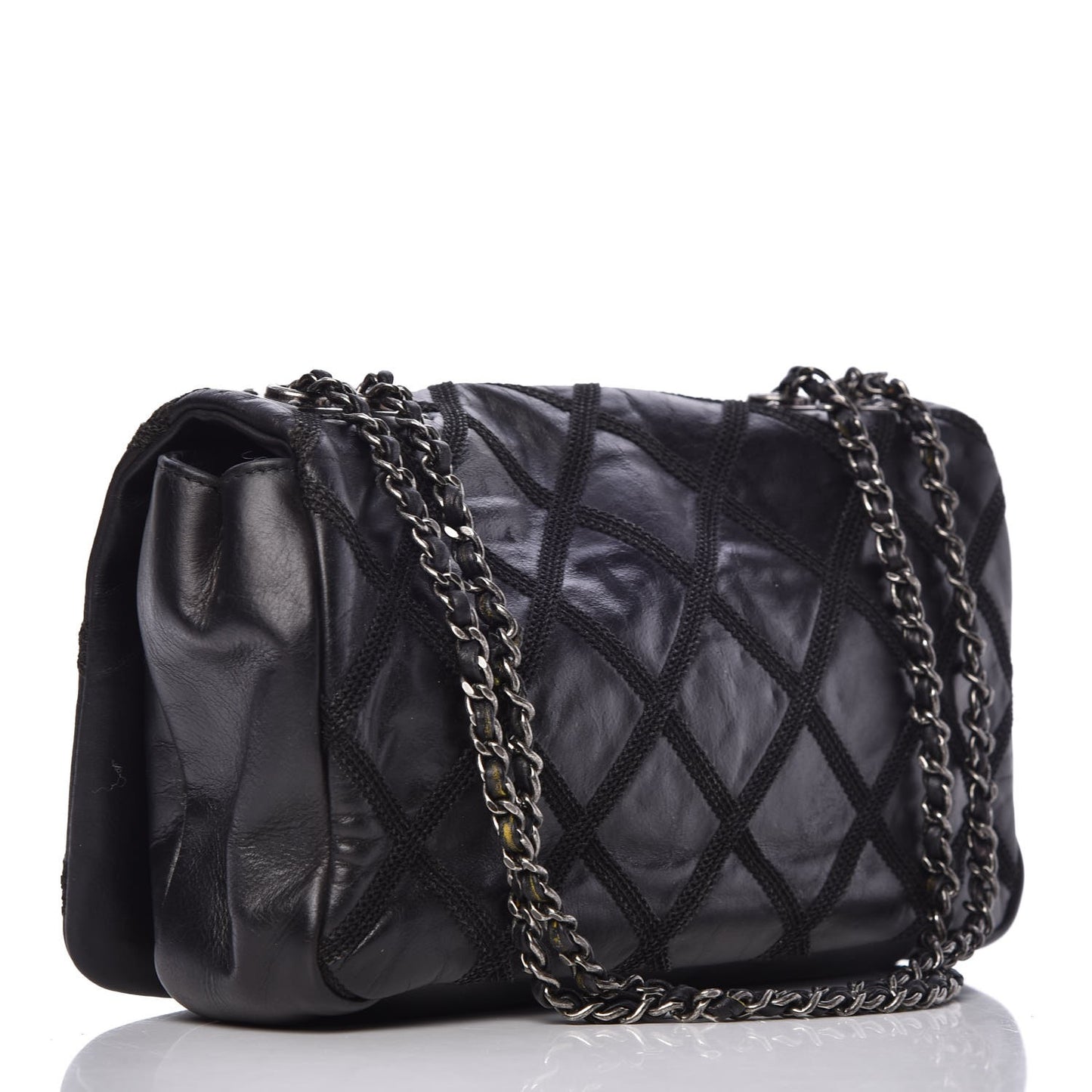 Calfskin Diamond Embroidered Medium Flap Black