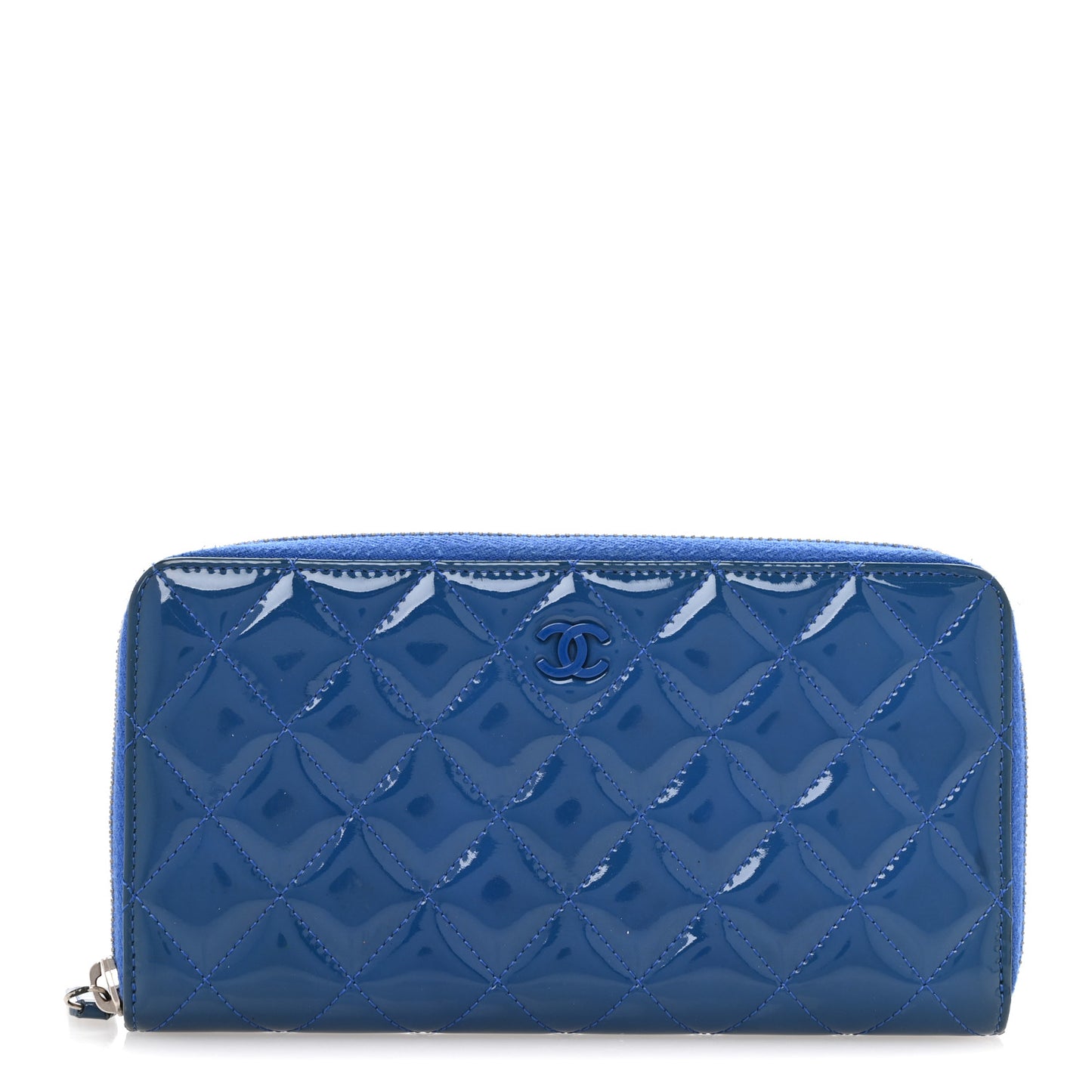 Patent Calfskin Quilted Large Gusset Zip Around Wallet Blue