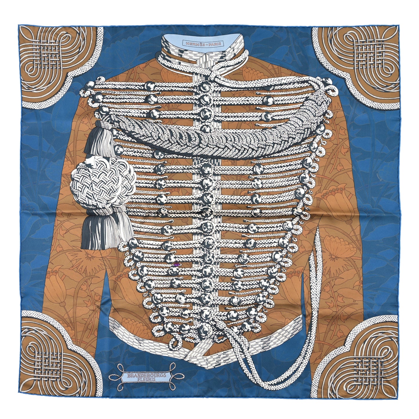 Silk Carre Double Face Brandebourgs Scarf 90 Bleu Jean Tabac Anthracite