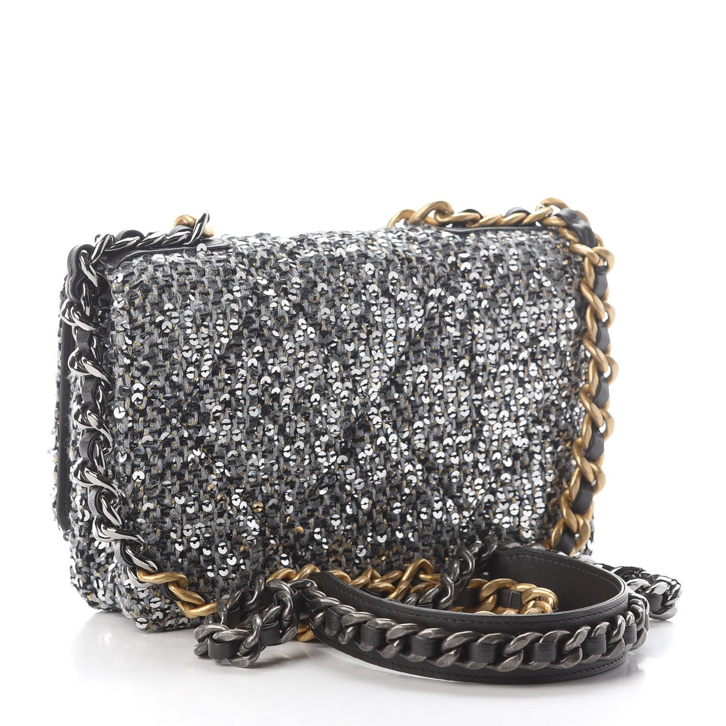 Sequin Quilted Chanel 19 Wallet On Chain WOC Silver