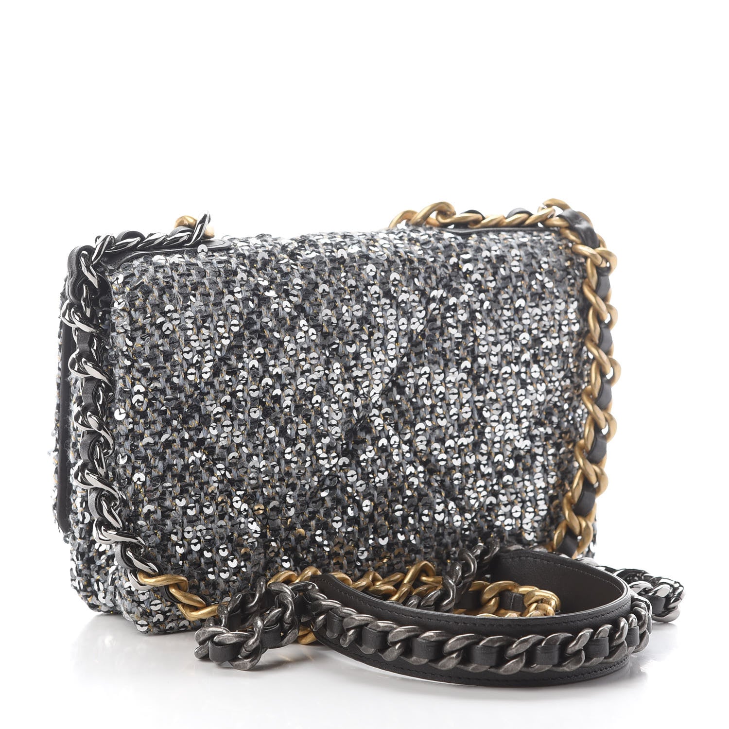 Chanel Sequin Quilted Chanel 19 Wallet On Chain WOC Silver 2 of 8
