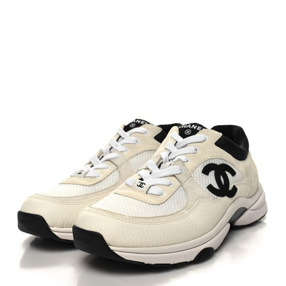Chanel Mesh Suede Calfskin Grained Calfskin Womens CC Sneakers 40.5 White Black 3 of 8