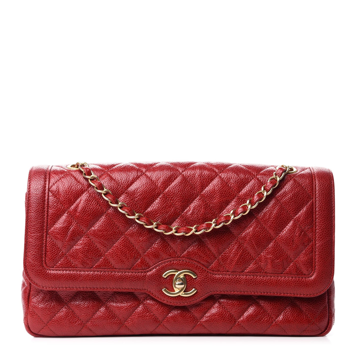 Crumpled Grained Calfskin Quilted Large Two Tone Flap Bag Red