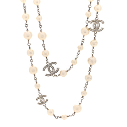 Chanel Crystal Pearl CC Long Necklace Silver 1 of 3