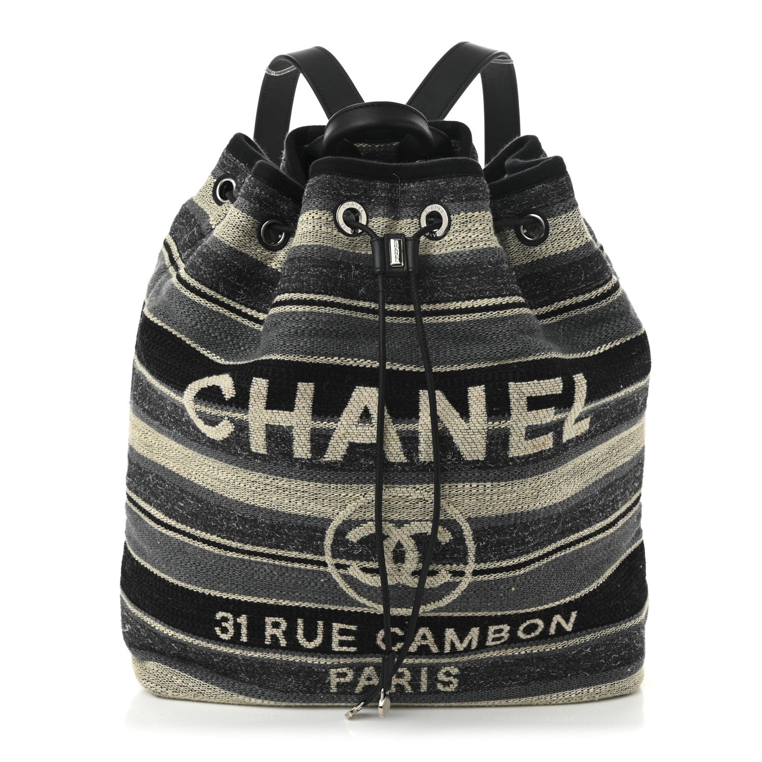 Chanel Striped Canvas Large Deauville Backpack Gray Black 1 of 10