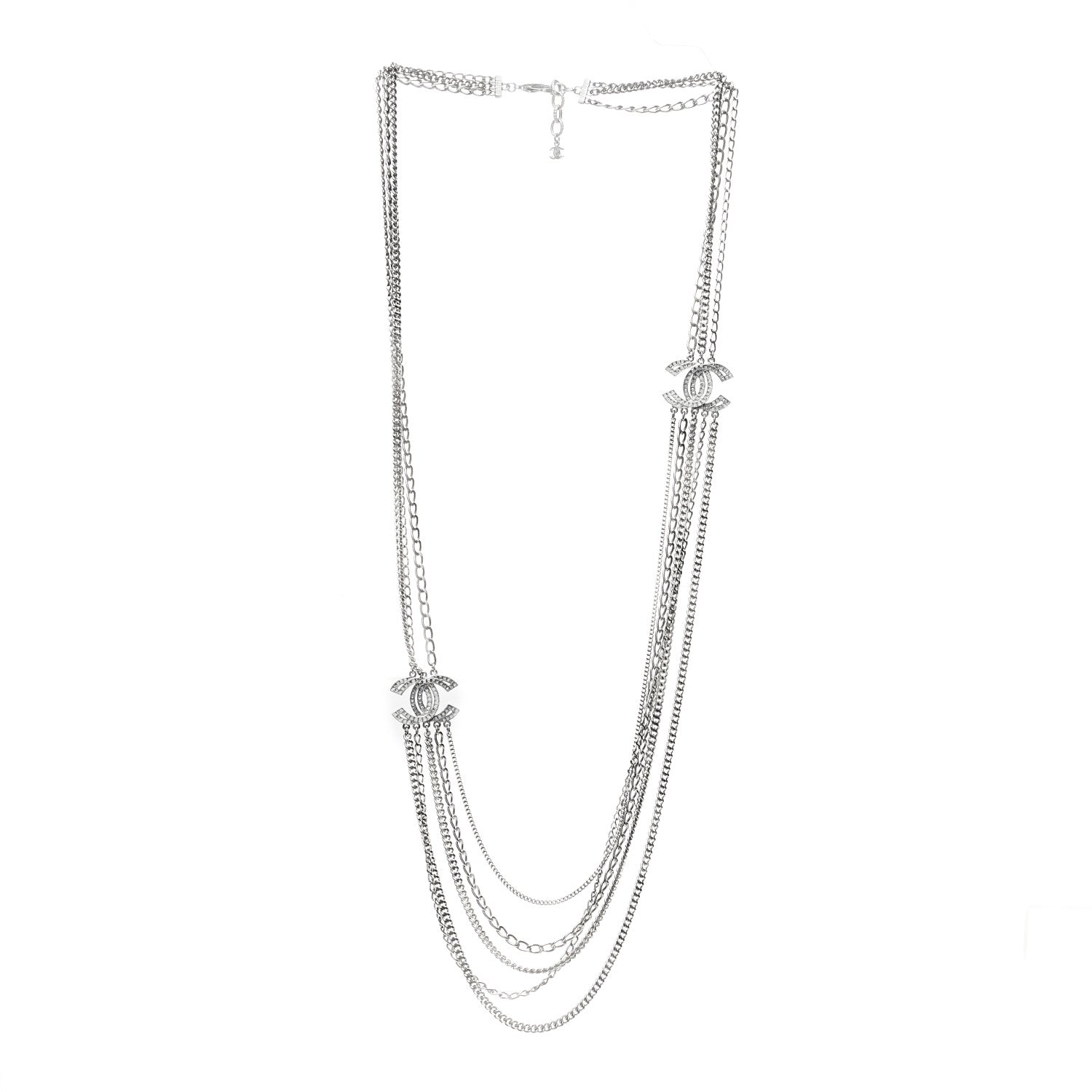 Chanel Multi Strand Chain Baguette Crystal CC Necklace Silver 3 of 5