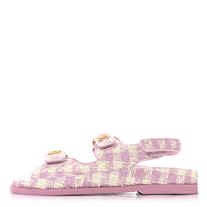 Chanel Cotton Tweed Velcro Dad Sandals 38 Pink Ecru 1 of 10