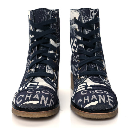 Chanel Printed CC Canvas 31 Rue Cambon Lace Up Combat Boots 37.5 Navy White 2 of 9