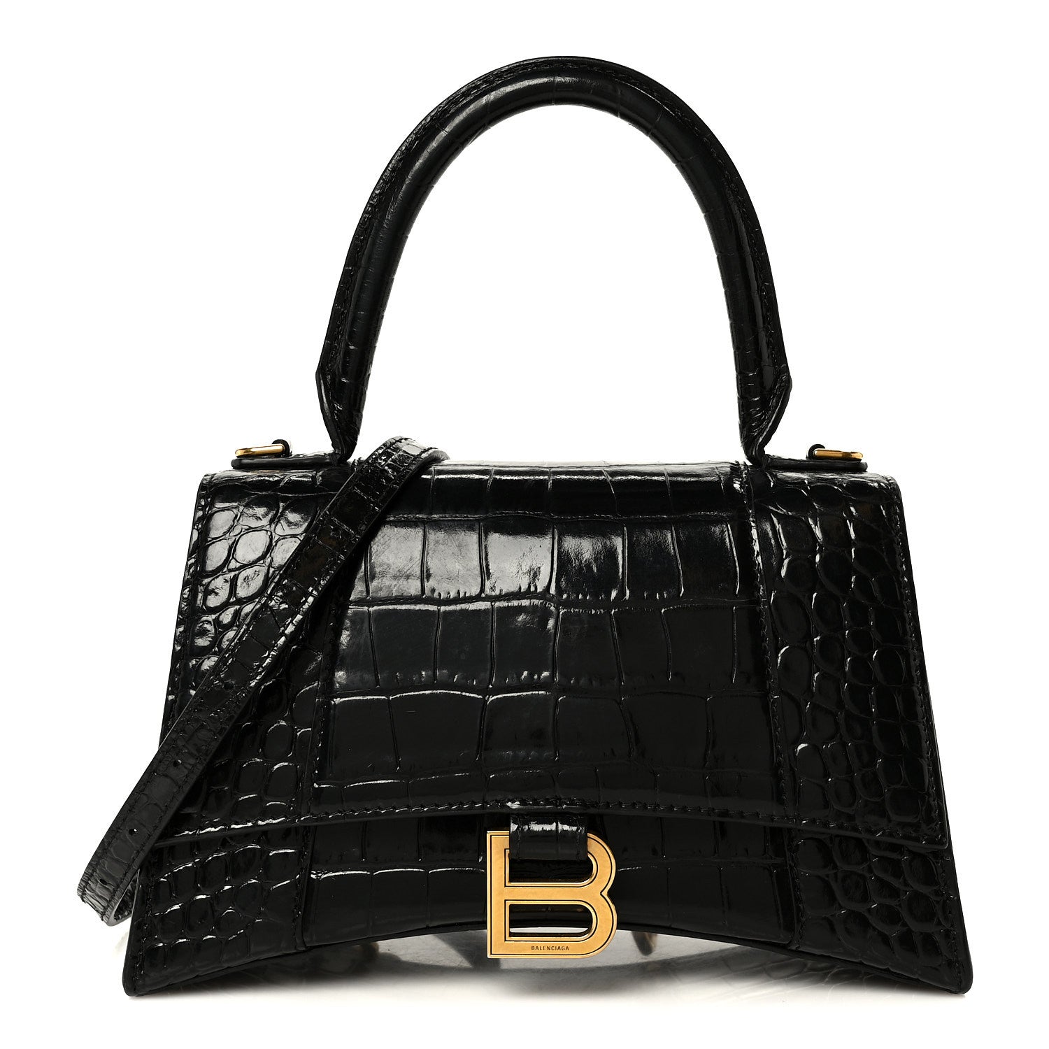 Balenciaga Shiny Calfskin Crocodile Embossed Small Hourglass Top Handle Bag Black 1 of 11