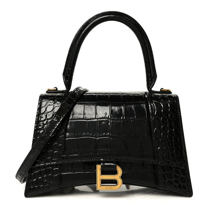 Balenciaga Shiny Calfskin Crocodile Embossed Small Hourglass Top Handle Bag Black 1 of 11