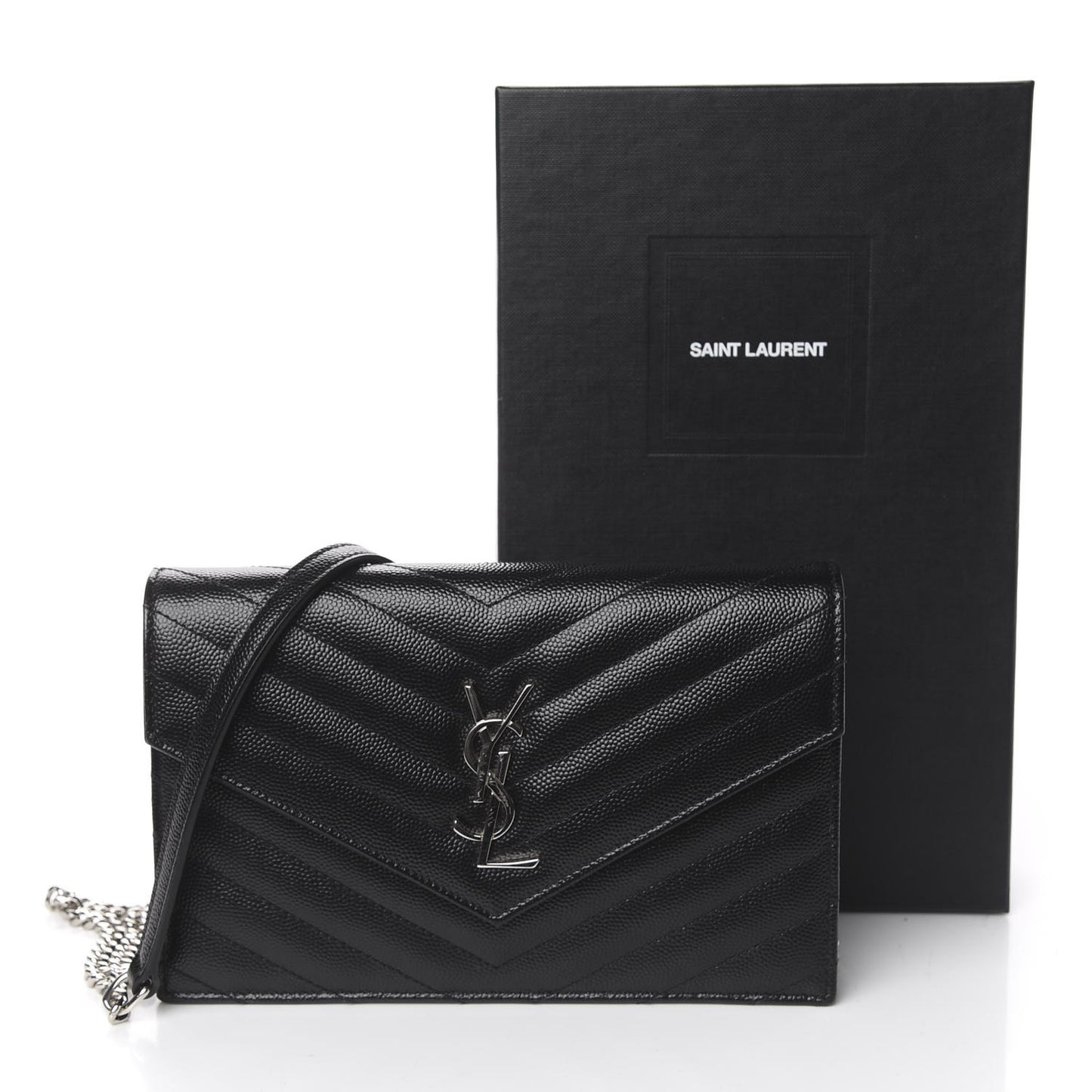 Grain De Poudre Matelasse Chevron Monogram Envelope Chain Wallet Black