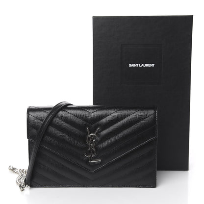 Saint Laurent Grain De Poudre Matelasse Chevron Monogram Envelope Chain Wallet Black 12 of 12