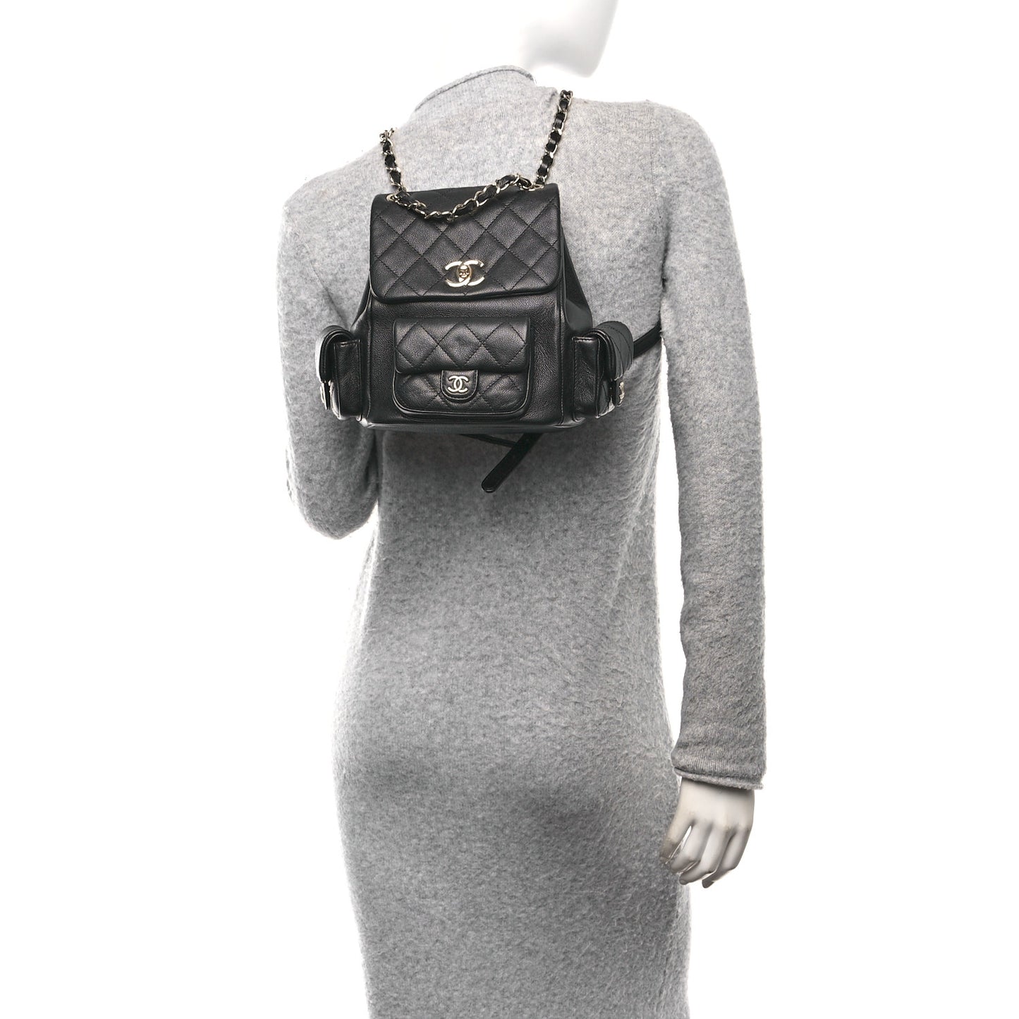Shiny Caviar Quilted Small Pockets Drawstring Backpack Black