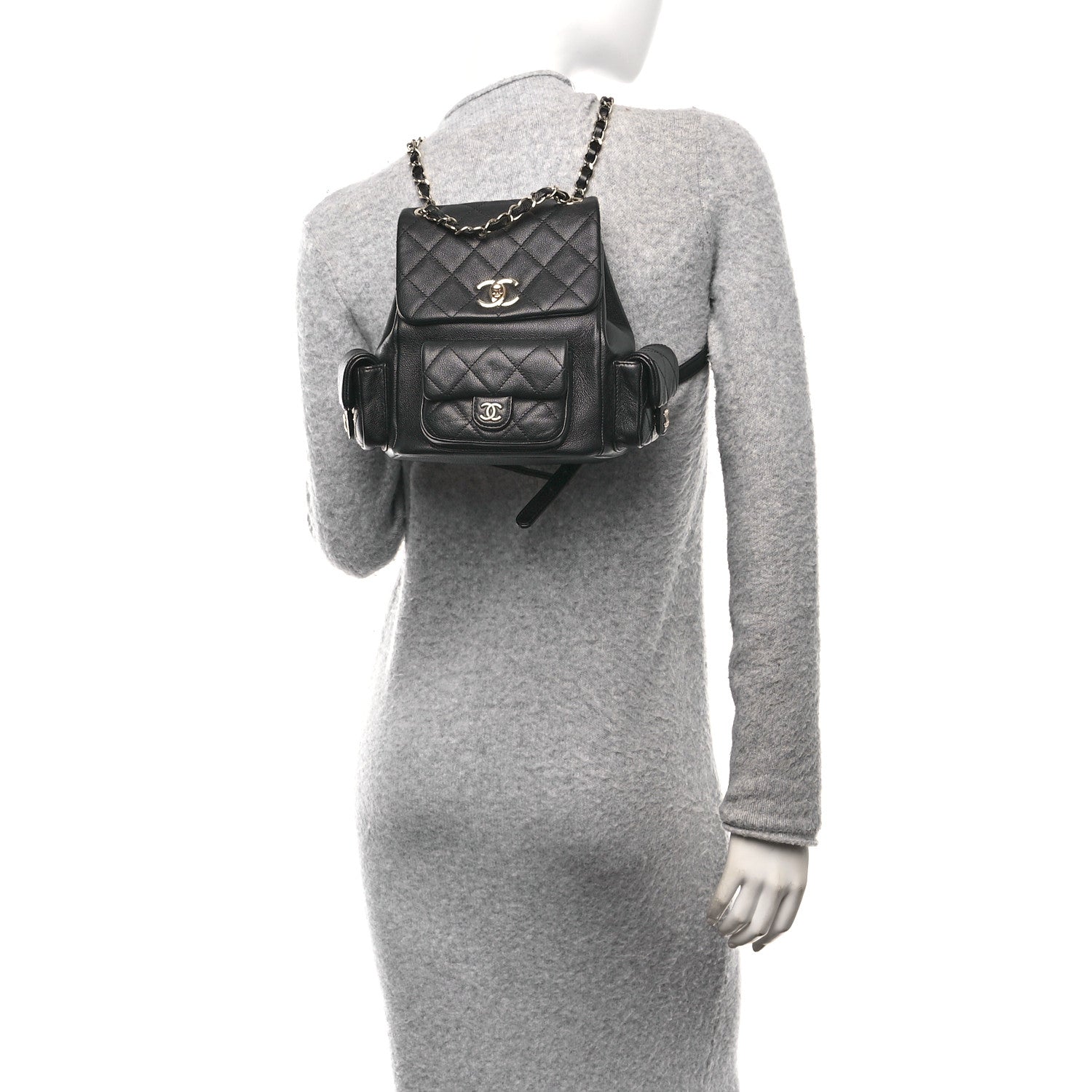Chanel Shiny Caviar Quilted Small Pockets Drawstring Backpack Black 2 of 10