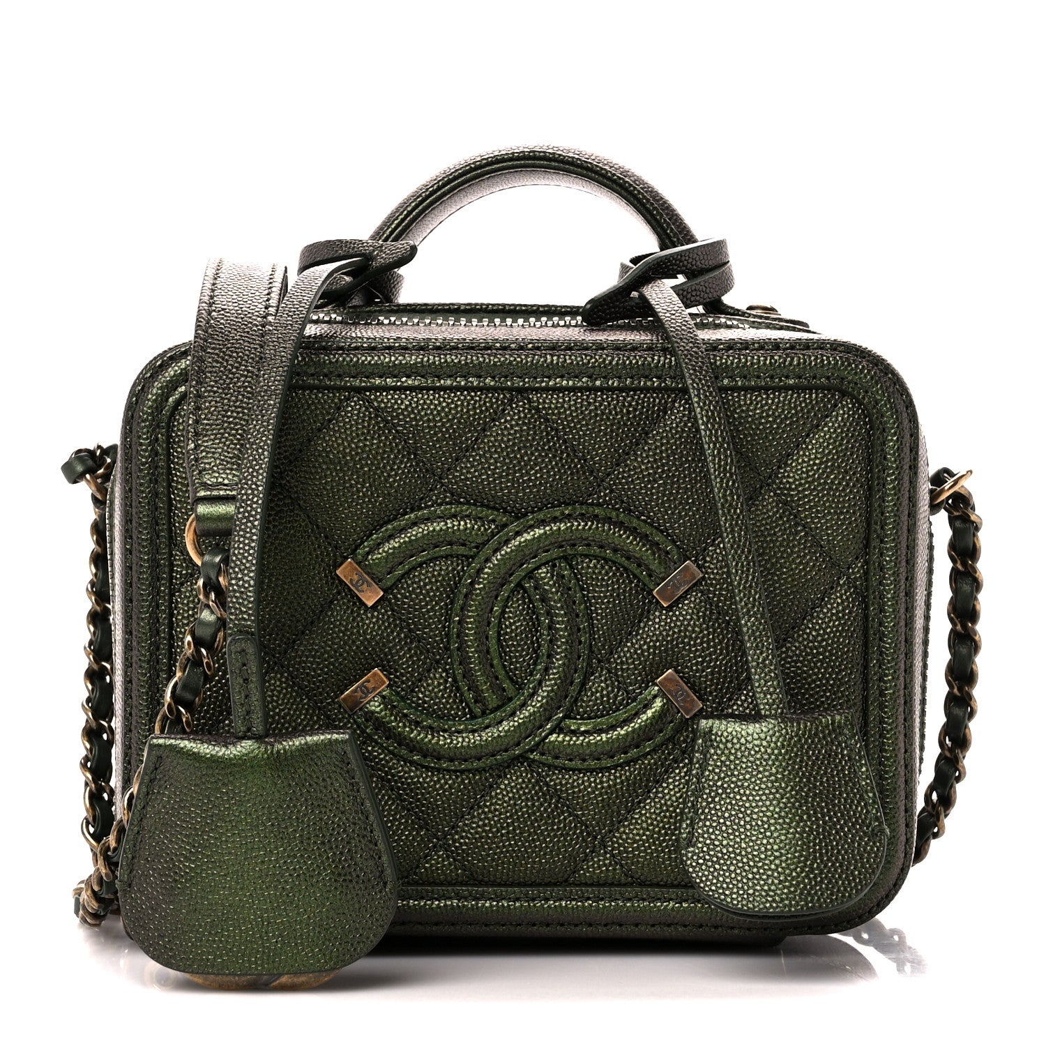 Chanel Iridescent Caviar Quilted Small CC Filigree Vanity Case Green 1 of 11