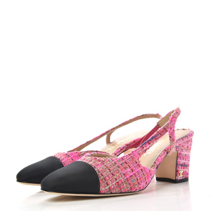Chanel Tweed Grosgrain Cap Toe CC Slingback Pumps 39 Pink Black 3 of 11