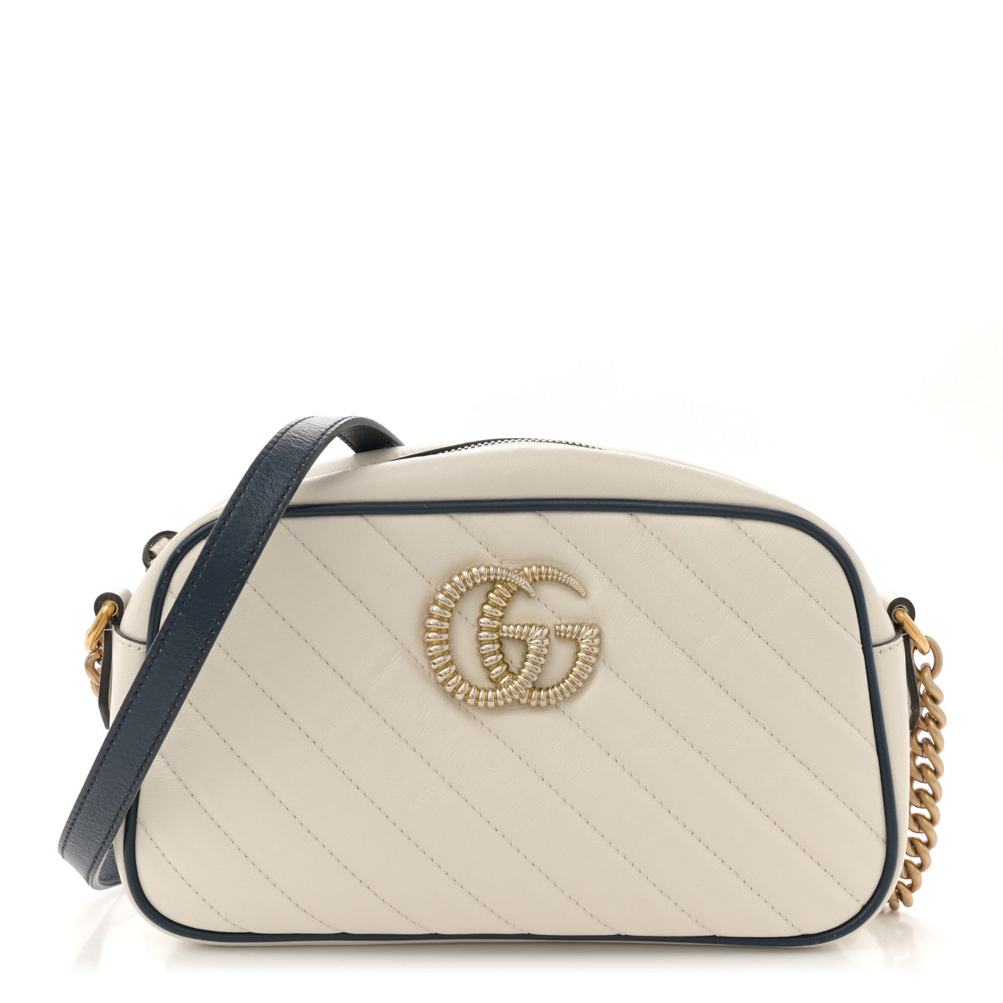 Vintage Effect Calfskin Matelasse Diagonal Small Torchon GG Marmont Chain Shoulder Bag Mystic White Blue Agata