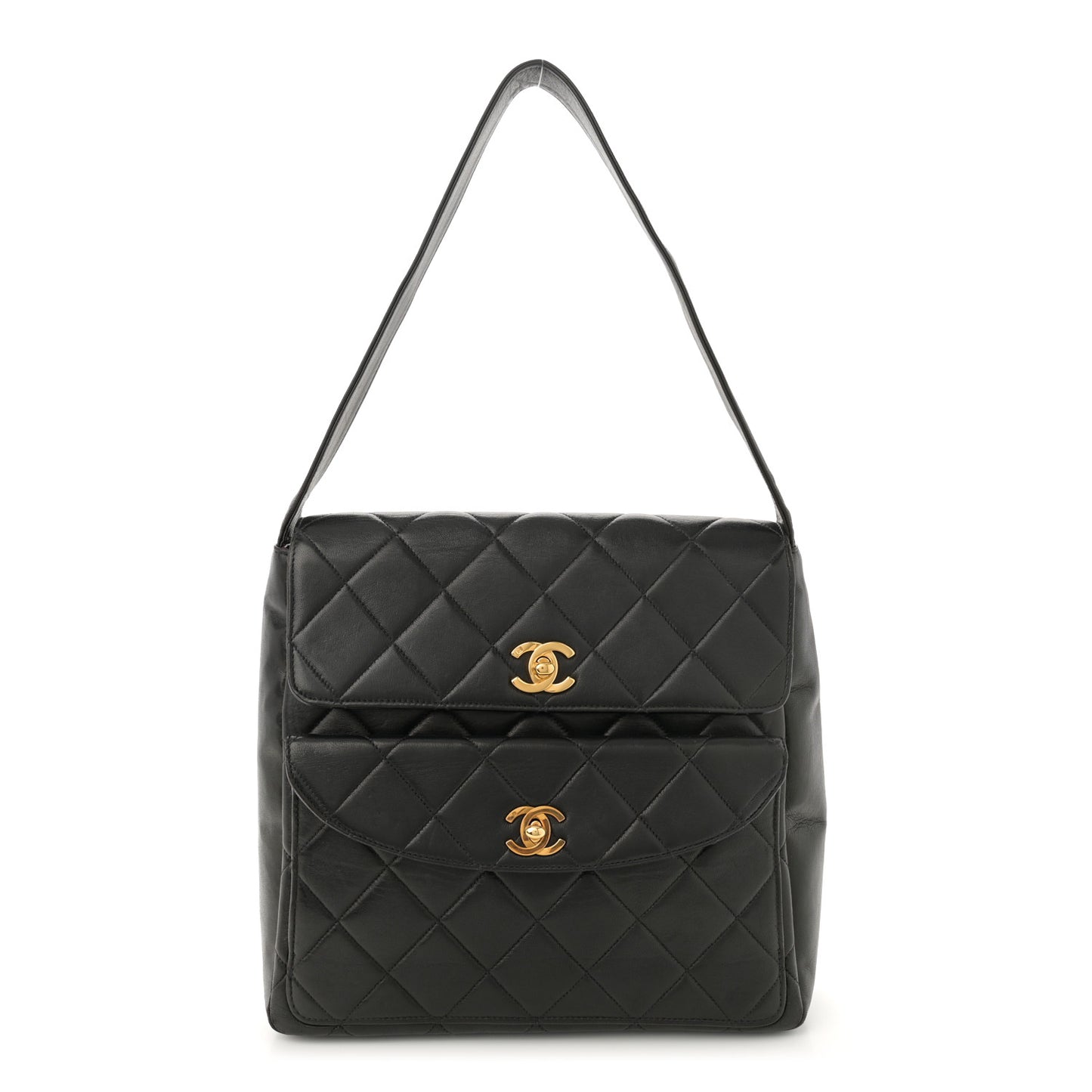 Lambskin Quilted Double Pocket Shoulder Bag Black