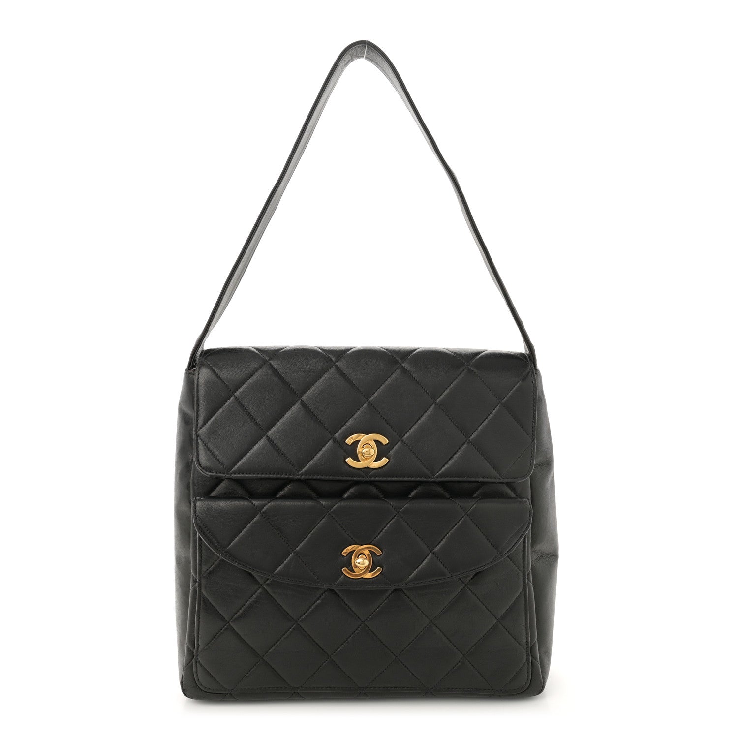 Chanel Lambskin Quilted Double Pocket Shoulder Bag Black 1 of 14