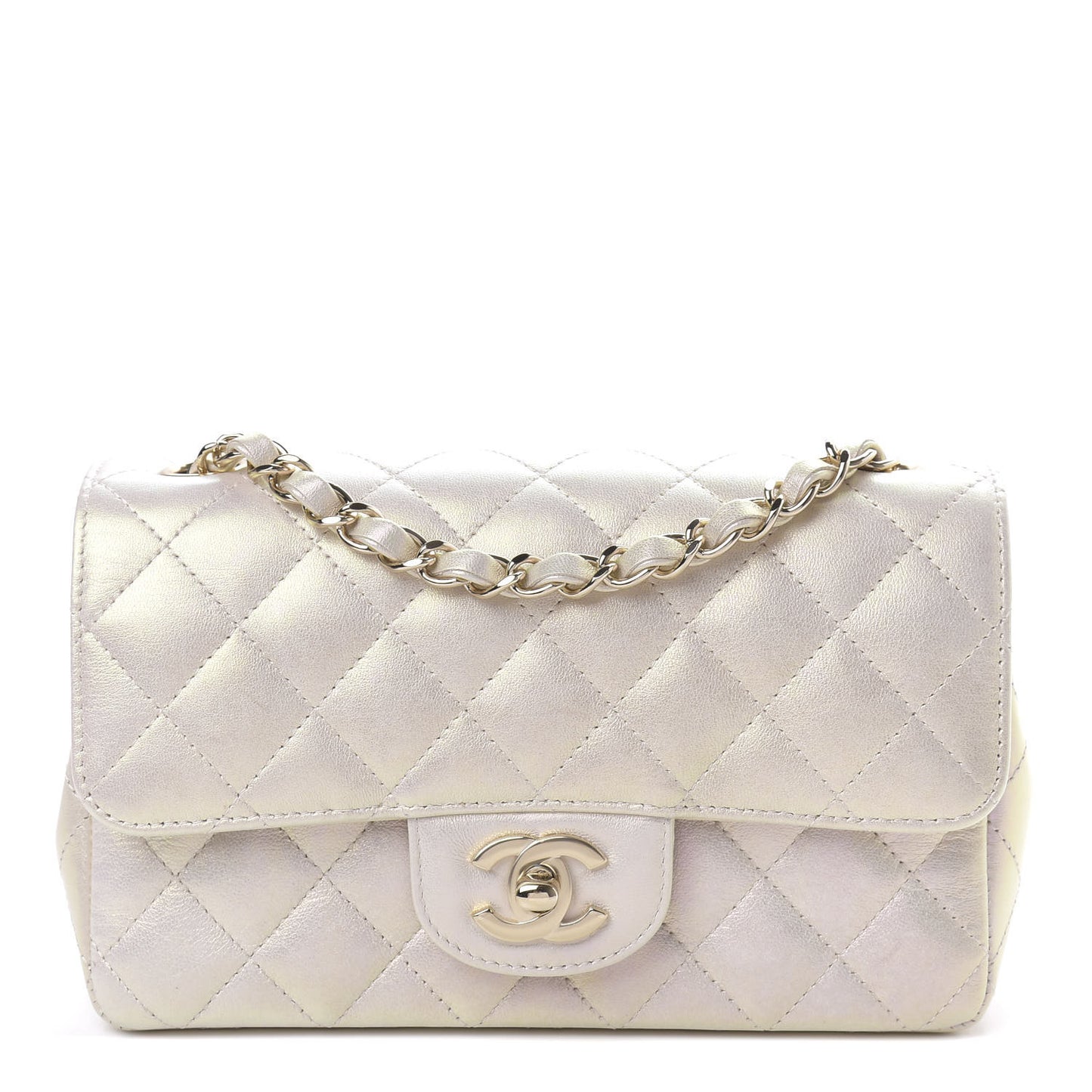 Iridescent Lambskin Quilted Mini Rectangular Flap Ivory