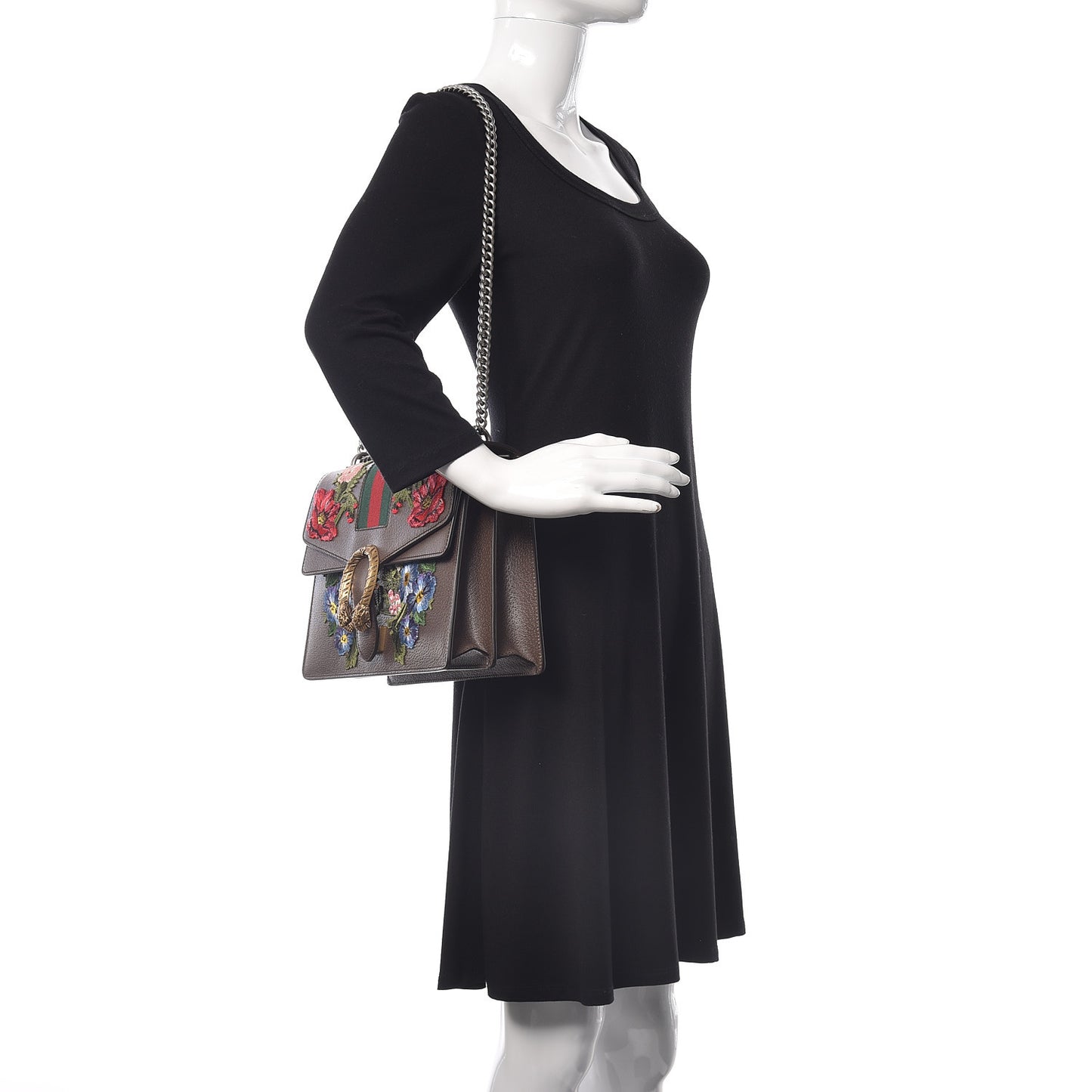 Calfskin Web Floral Embroidered Medium Dionysus Shoulder Bag New Acero