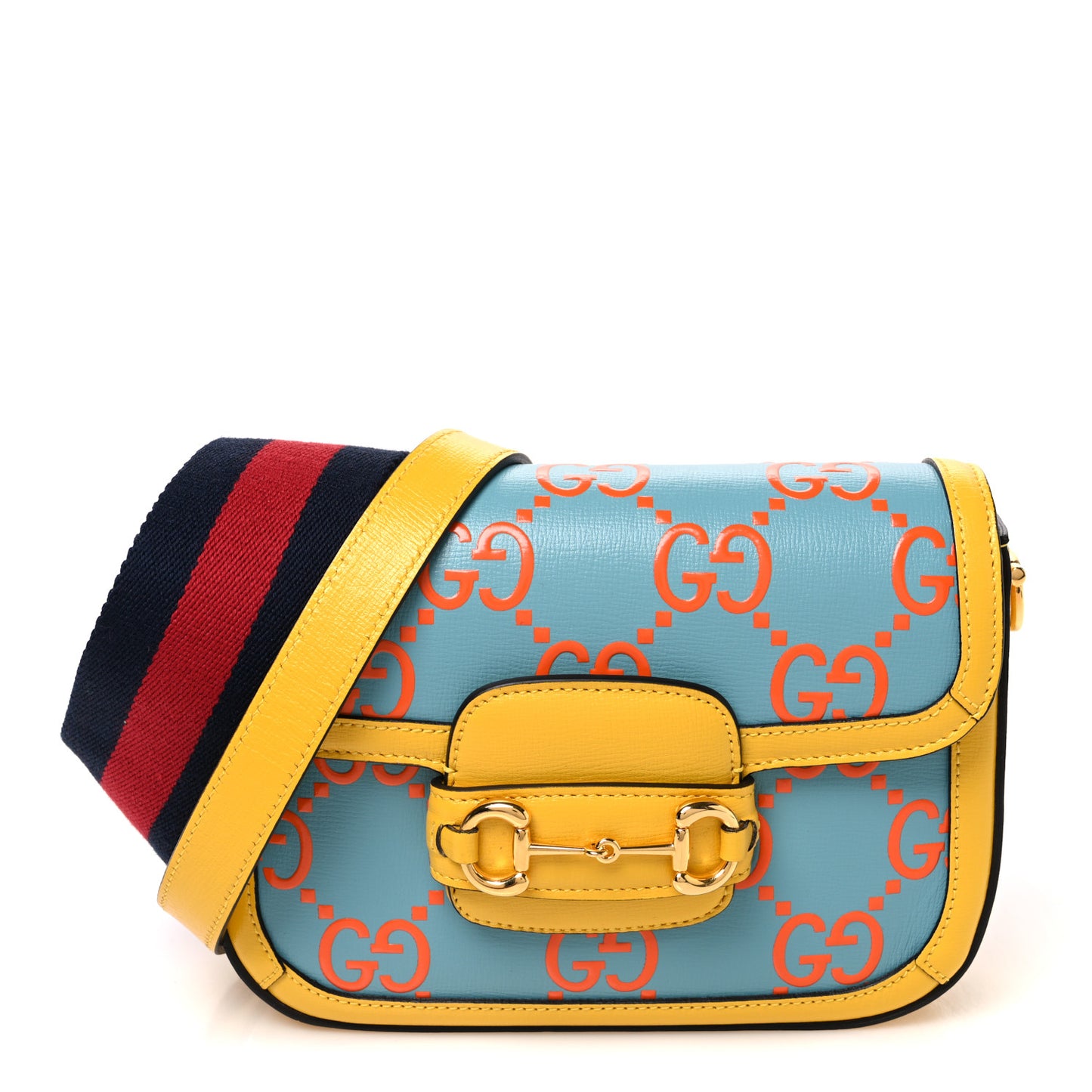 Azalea Calfskin GG Monogram Bi-Color Debossed Mini Horsebit 1955 Shoulder Bag Dusty Azure Stone Topaz Deep Orange