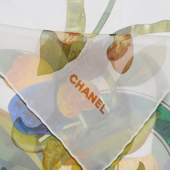 Chanel Silk Camellia Flower Scarf White Multicolor 3 of 5