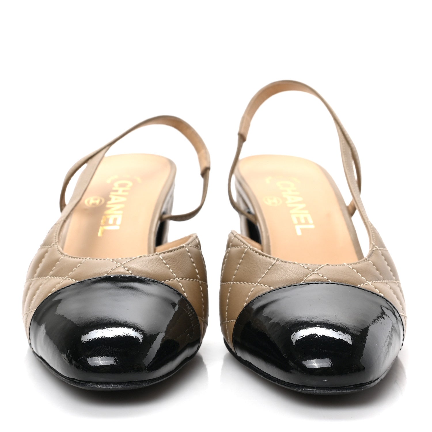 Chanel Lambskin Patent Calfskin Quilted Cap Toe CC Slingback Pumps 38 Beige Black 2 of 8