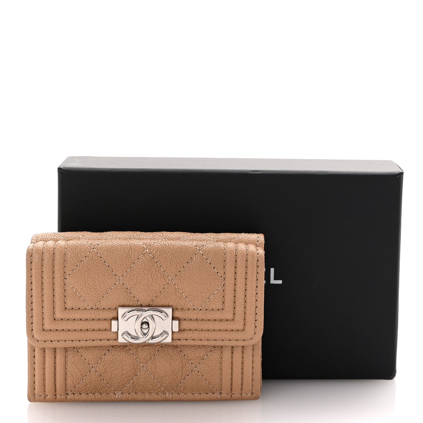 Caviar Quilted Small Boy Flap Wallet Beige