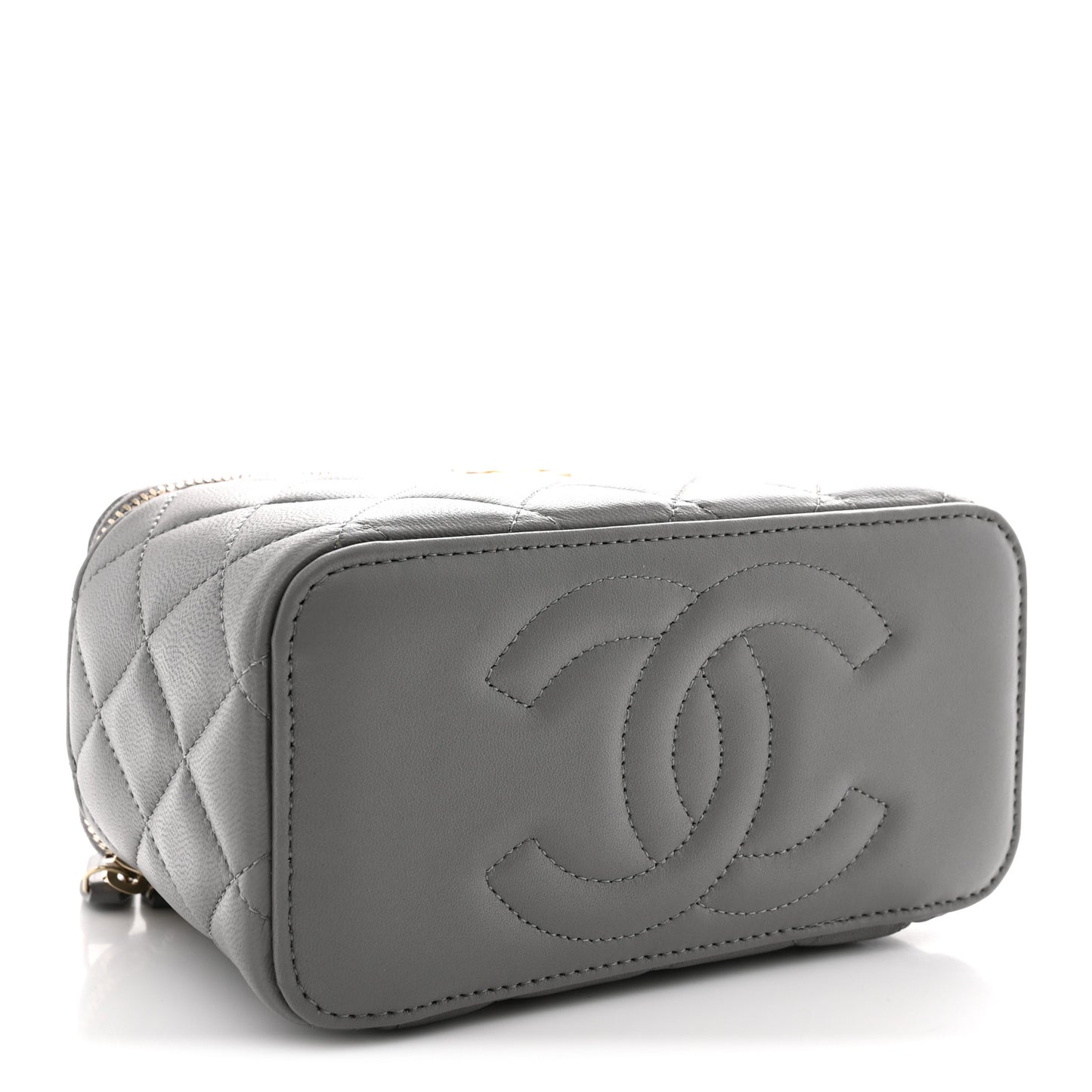 Lambskin Quilted Metal Small Top Handle Vanity Case With Chain Grey