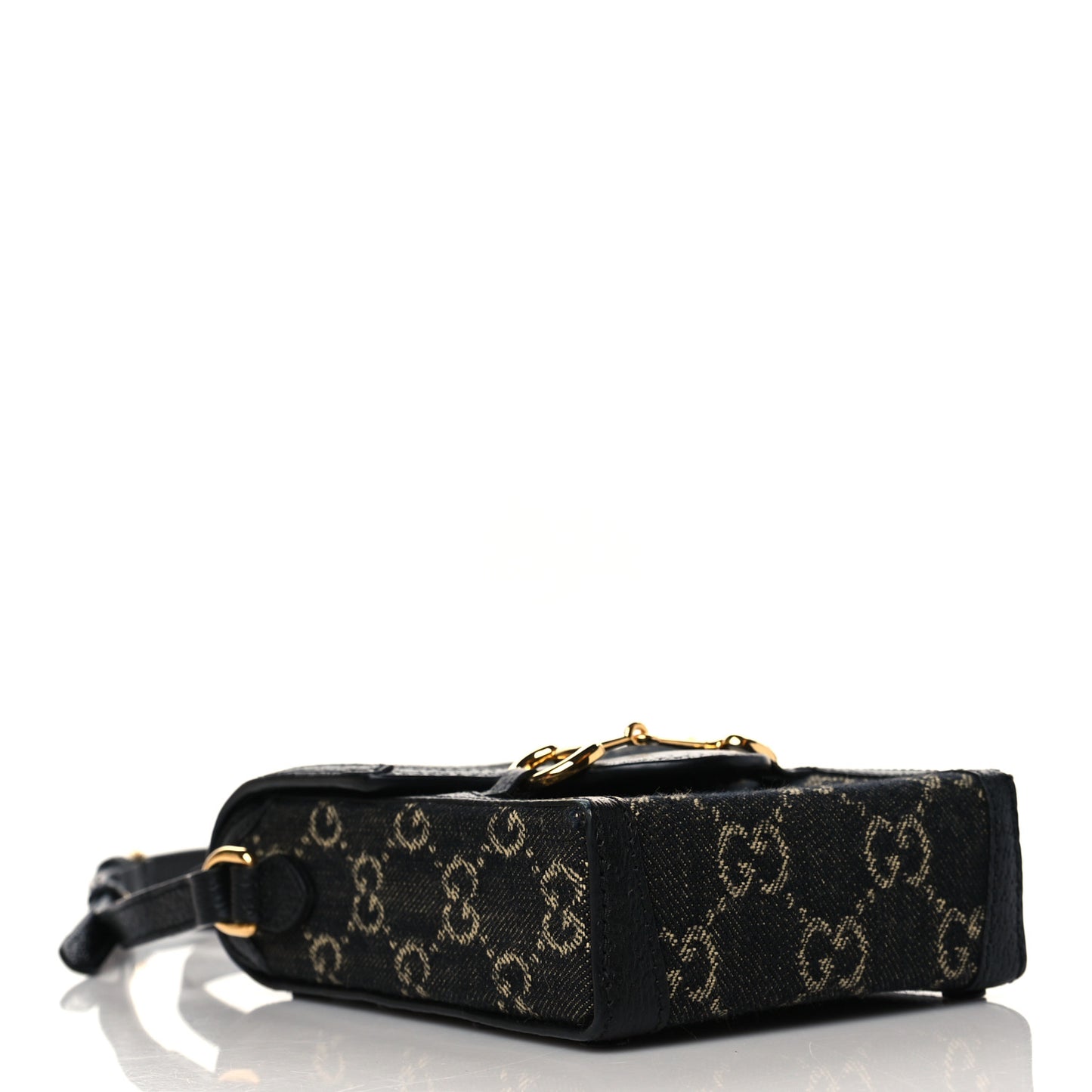 Jacquard Black Denim GG Monogram Textured Dollar Calfskin Mini Horsebit 1955 Crossbody Bag Black Ivory